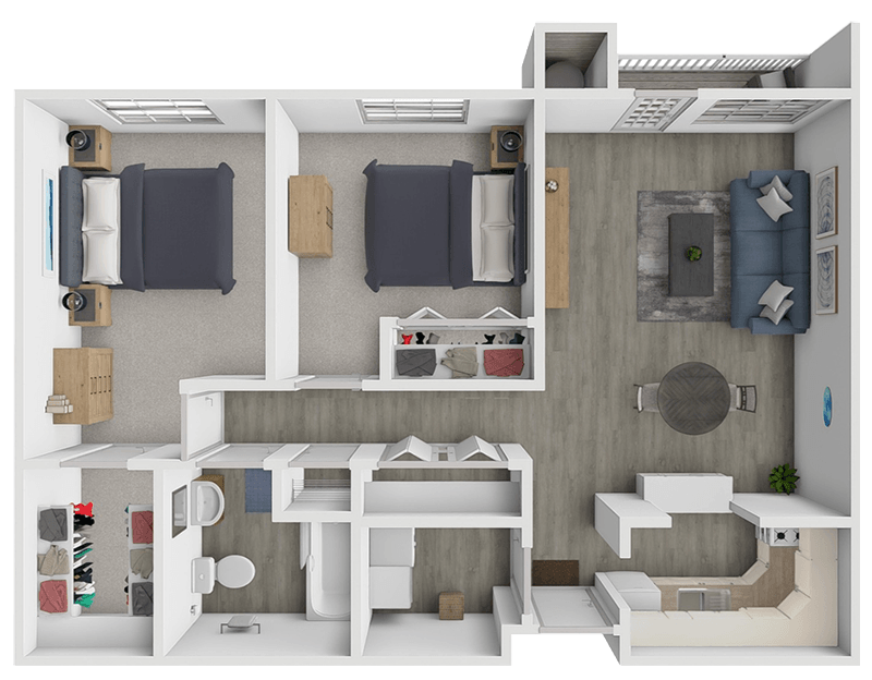 A 3D rendered image of a small apartment layout.