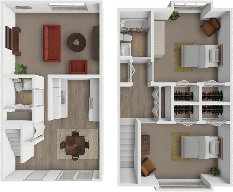 Two bed 1.5 bath townhome floor plan