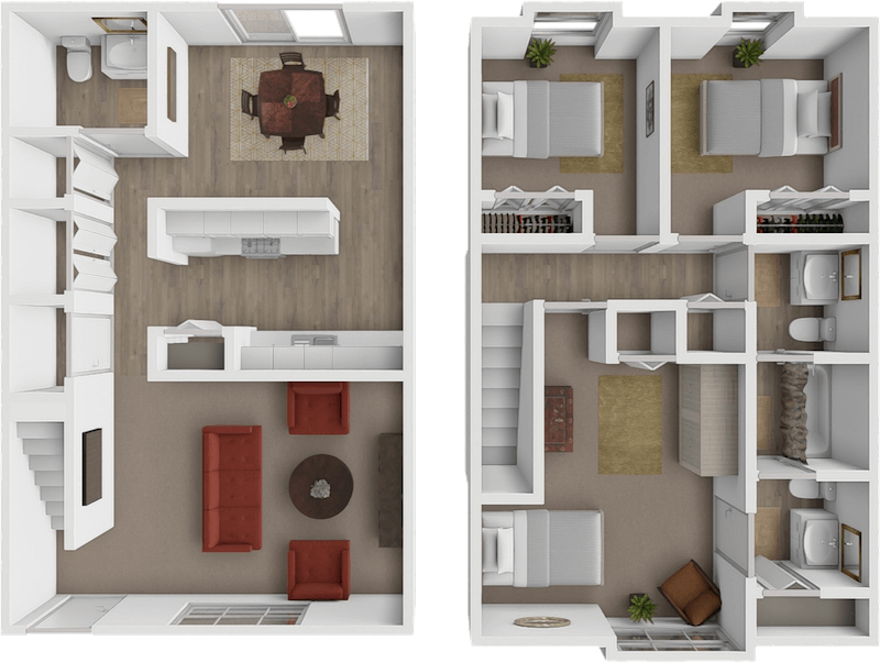 Three bed 1.5 bath townhome floor plan