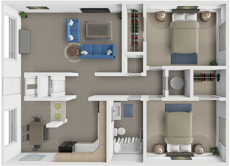 2 Bed 1 Bath floor plan