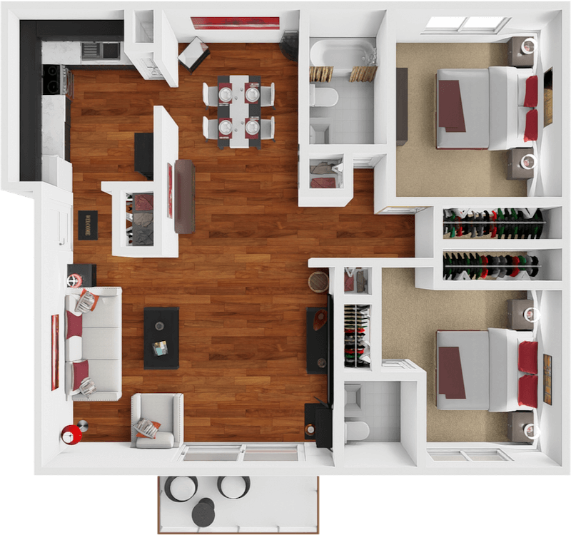 2 bed 1.5 bath floor plan at preserve at woodland apartments