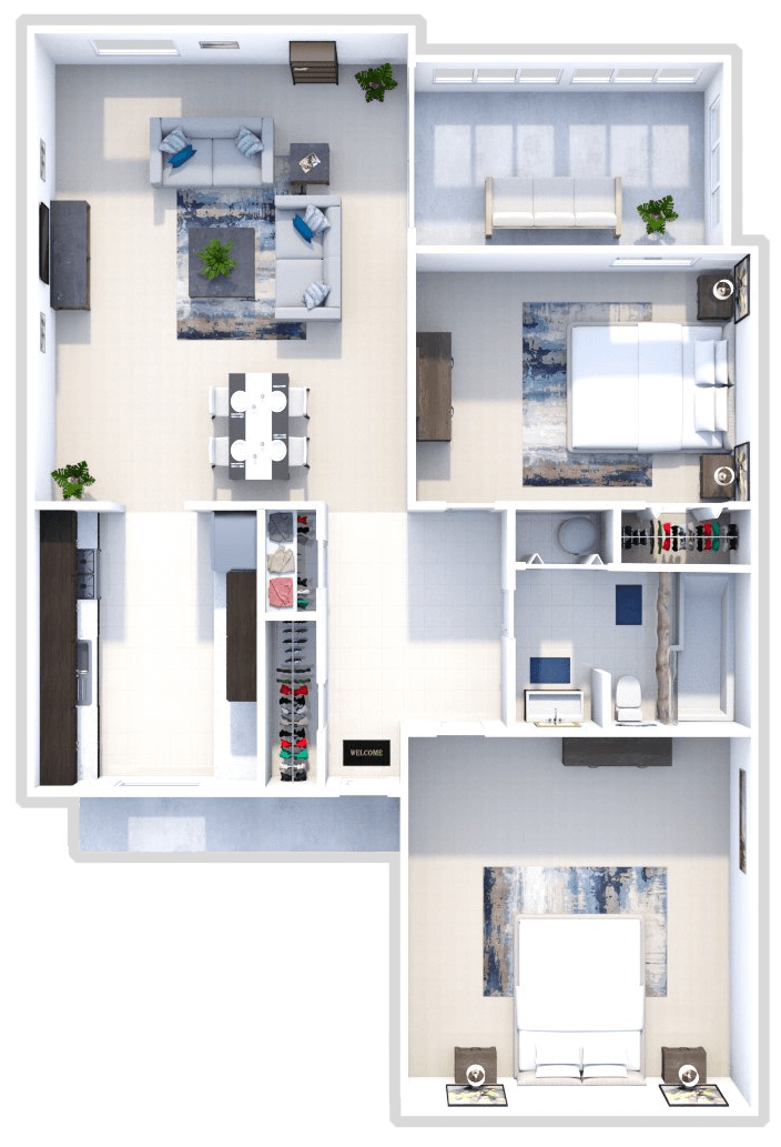 2 bed 1 bath floor plan with 3 season room