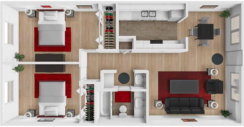 TA 2 Bed 1 Bath floor plan