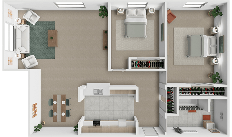 2 Bedroom 1 Bath    1062 sq ft floor plan