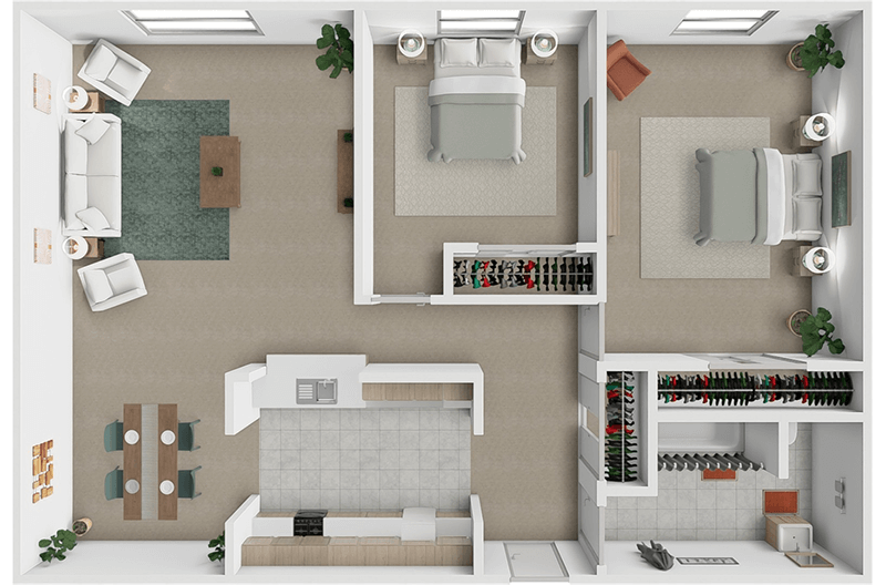 2 Bedroom 1 Bath    943 sq ft floor plan
