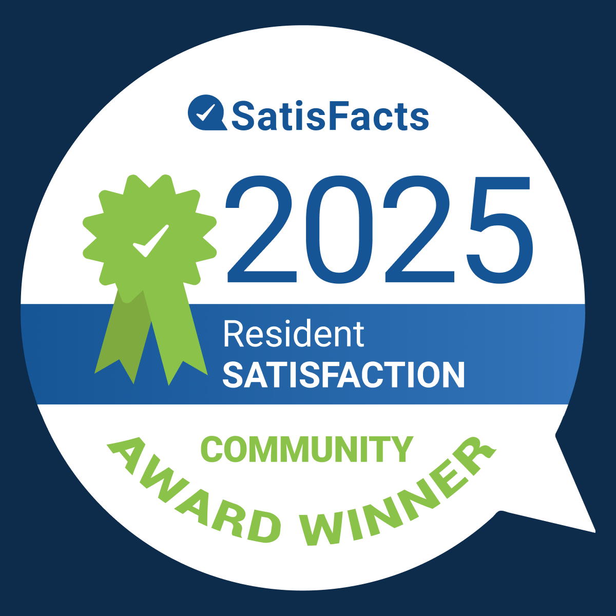 A badge indicating a Satisfacts 2025 Resident Satisfaction Community Award Winner.,A badge indicating a Satisfacts 2025 Resident Satisfaction Community Award Winner.