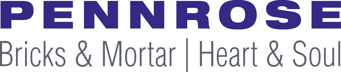 The image displays the word "PENNROSE" in large blue letters, followed by the words "Bricks & Mortar" and "Heart & Soul" in smaller grey letters.