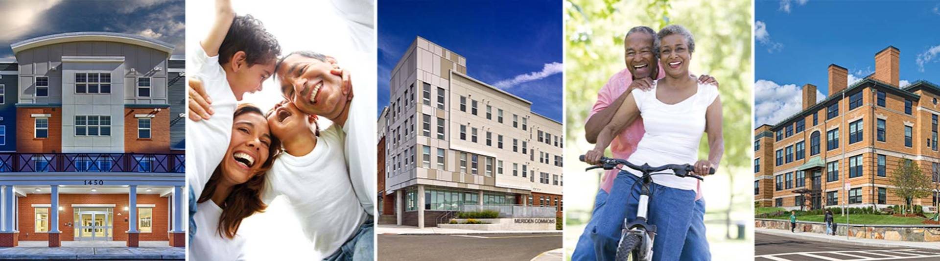 A collage of four images featuring people in front of buildings.