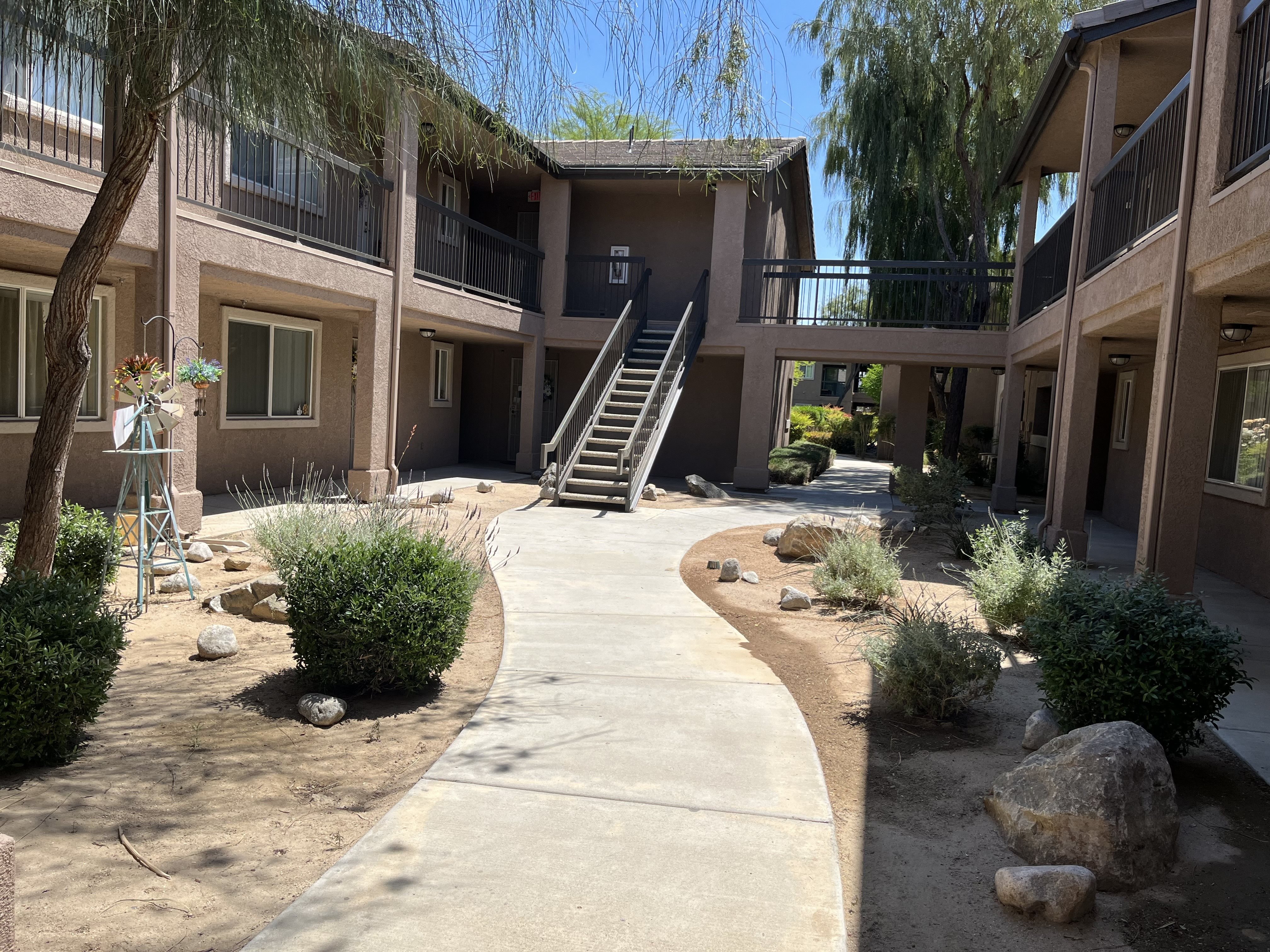 an outside view of a building with stairs