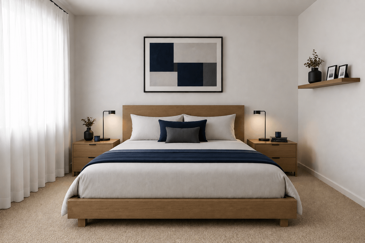 A bedroom with a large bed and a painting above it.