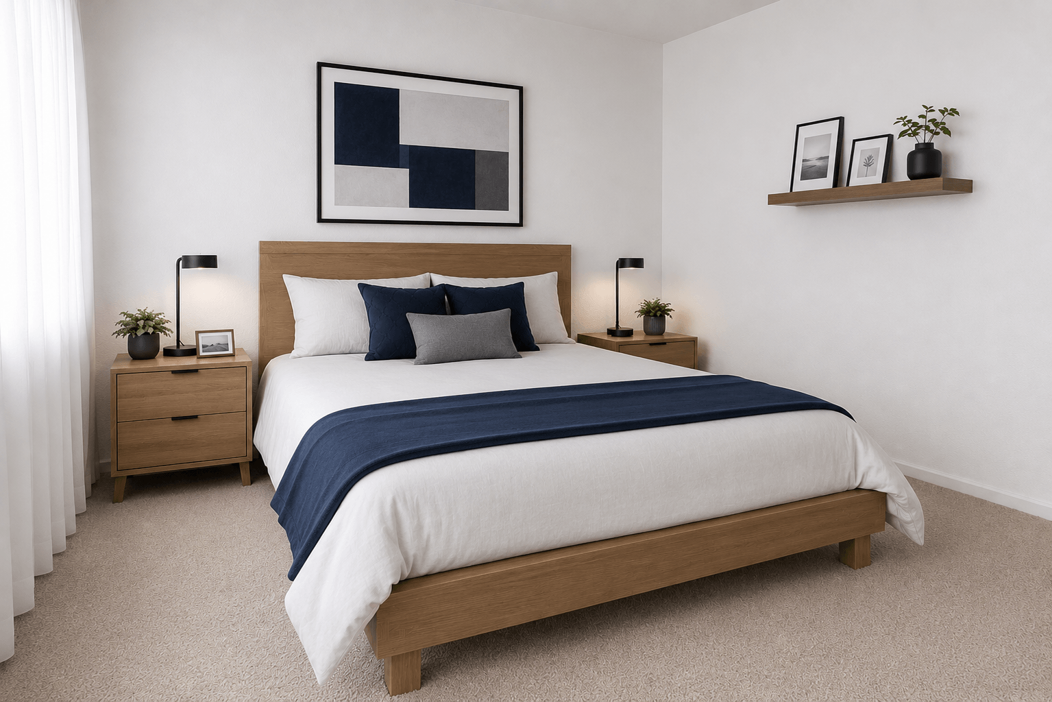 A bedroom with a large bed and a nightstand with a plant on it.