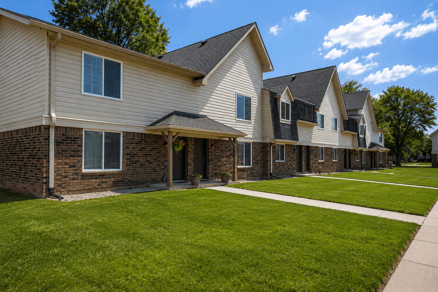 A row of houses with a green lawn in front.