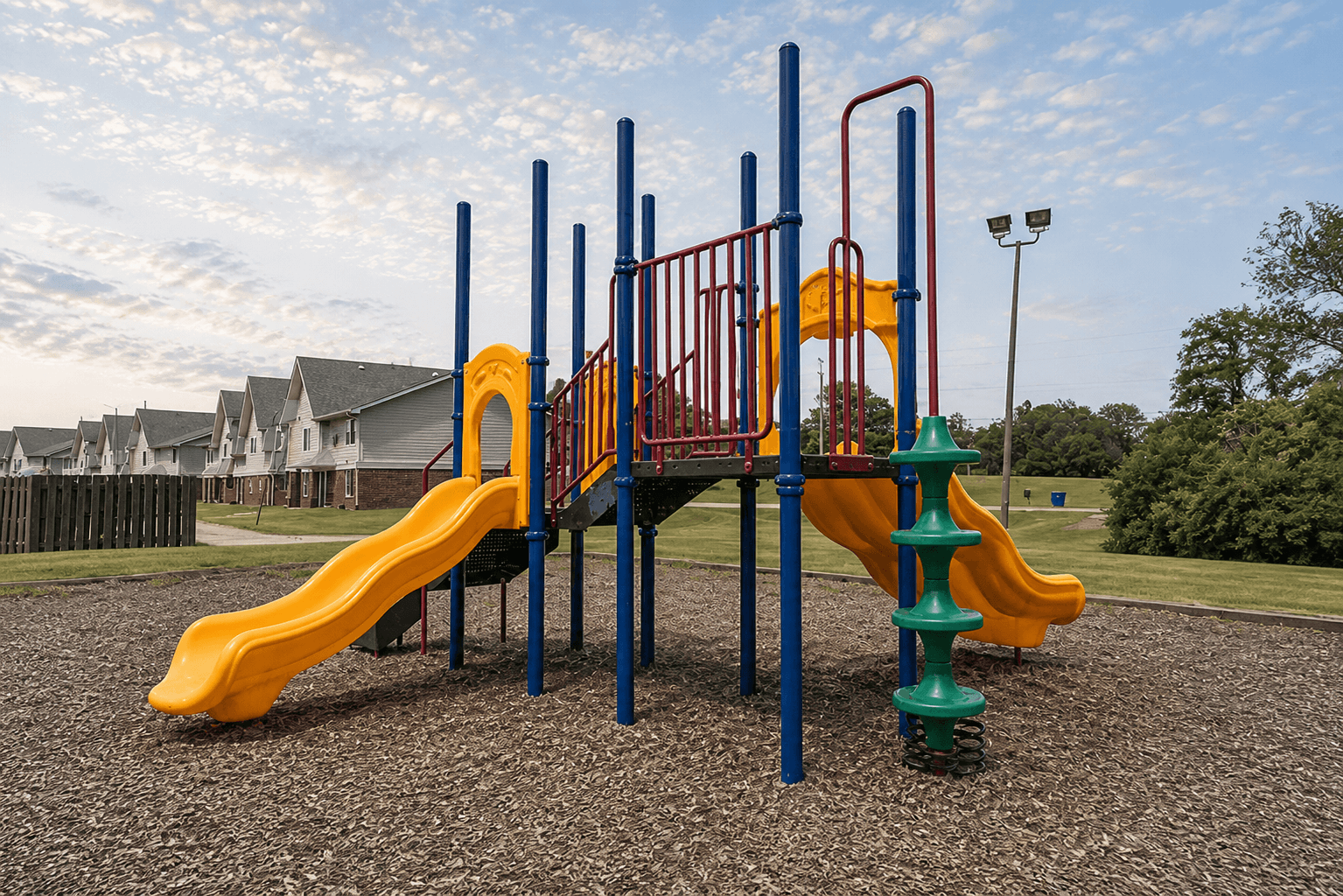 A playground with a yellow slide and a red and blue structure.