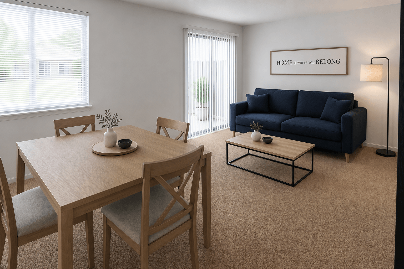 A living room with a wooden table and chairs, a blue couch, and a sign that says "Home is where you belong."