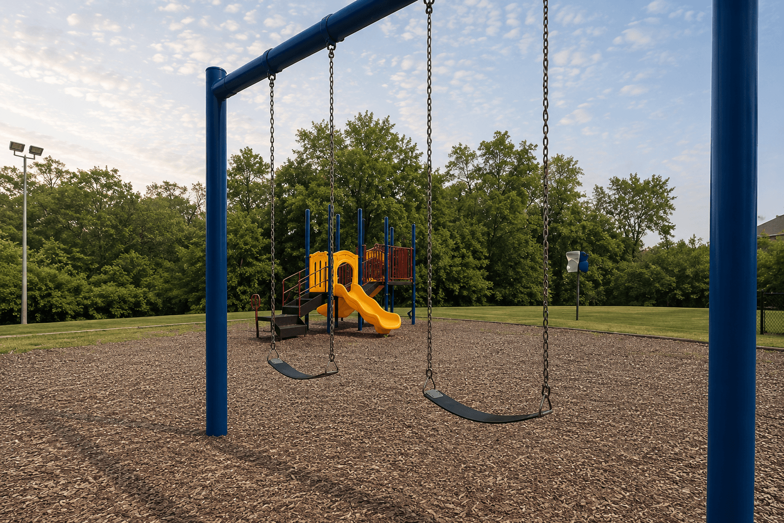 A playground with a swing set and a yellow slide.