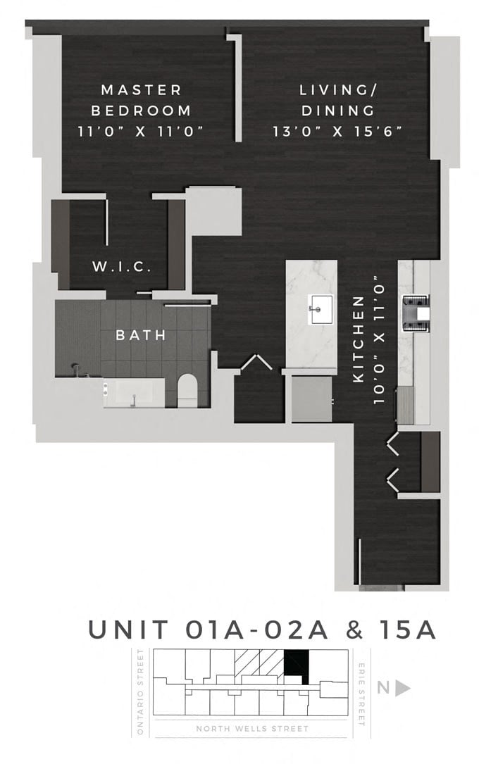 One Bedroom 01A +02A + 15A Floorplan Image