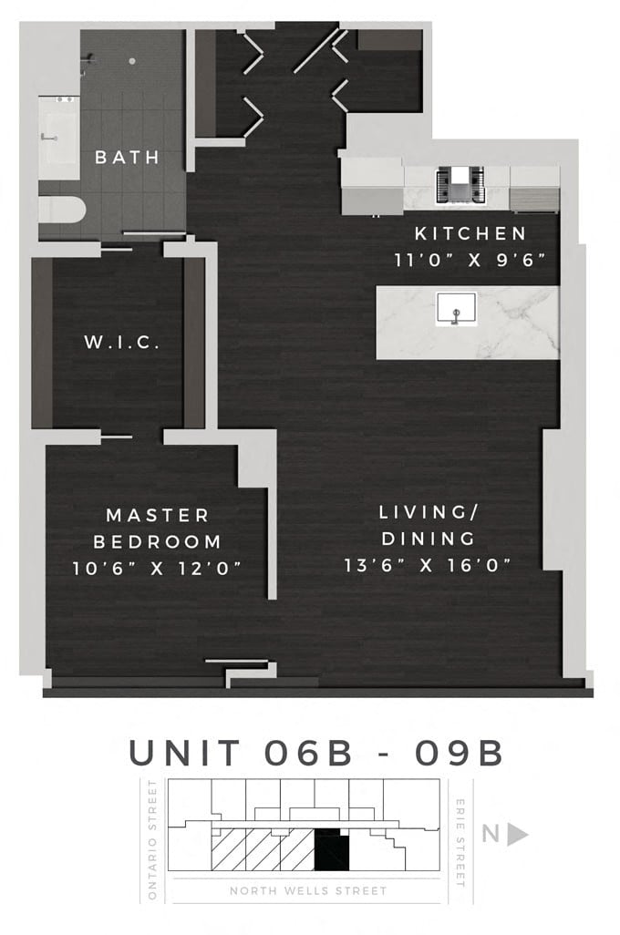 One Bedroom 06B – 09B Floorplan Image
