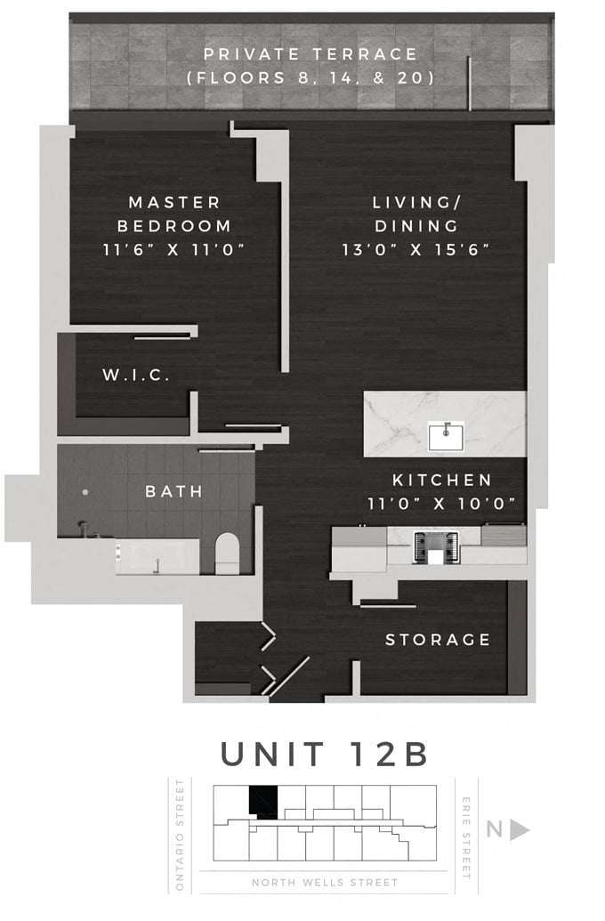 One Bedroom 12B Floorplan Image