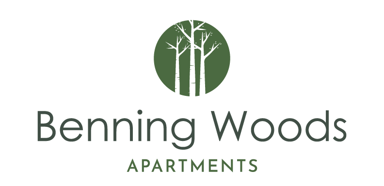 a logo for bening woods apartments with a tree on a green background