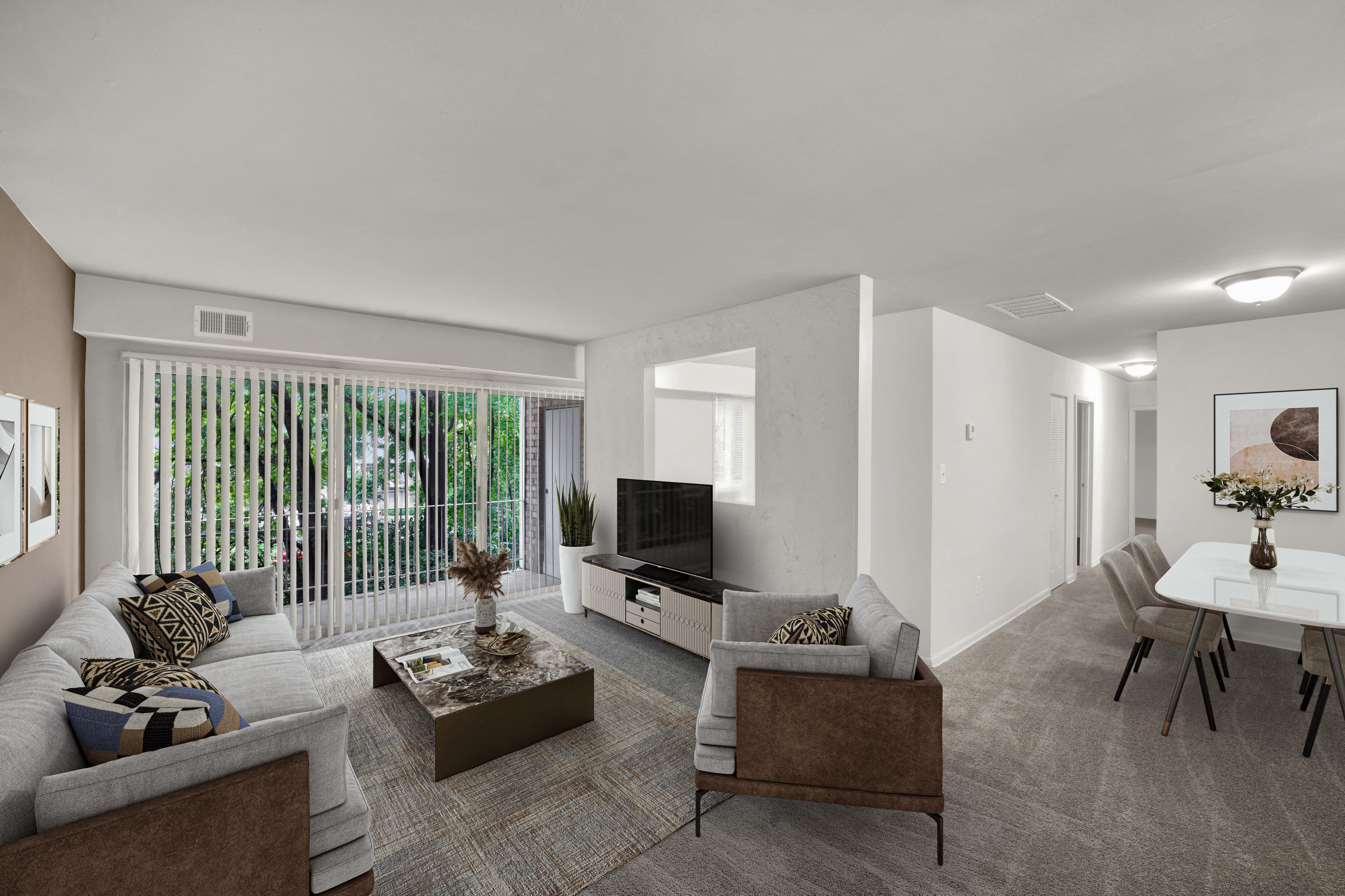 a living room with couches and a table and a television