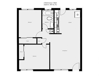 2 Bedroom floor plan for Carmel Plaza Apartments