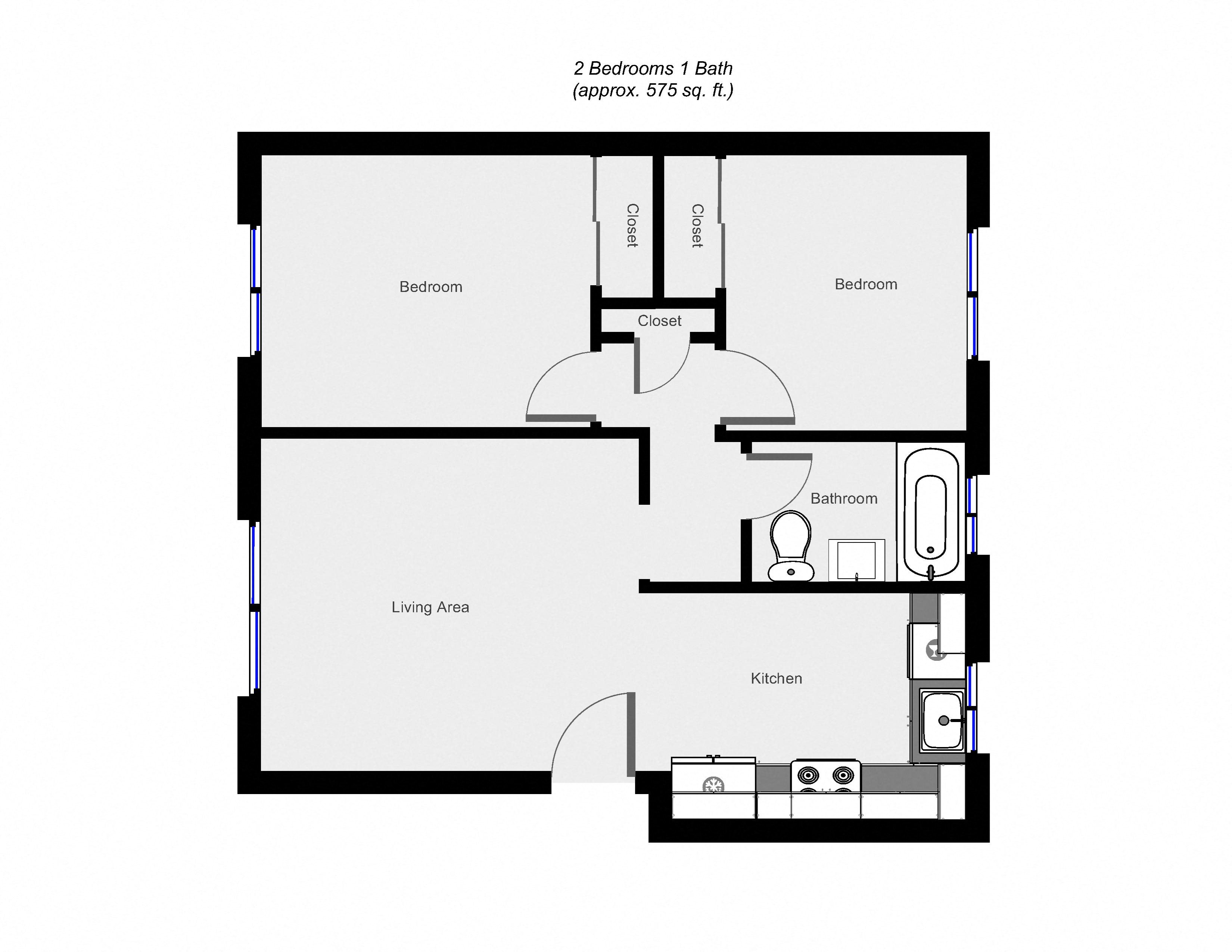 2 Bedroom floor plan for Mari-Court Apartments