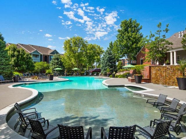 Refreshing Swimming Pool with Relaxing Poolside Patio at Cambridge Square Apartments, Overland Park, KS 66211