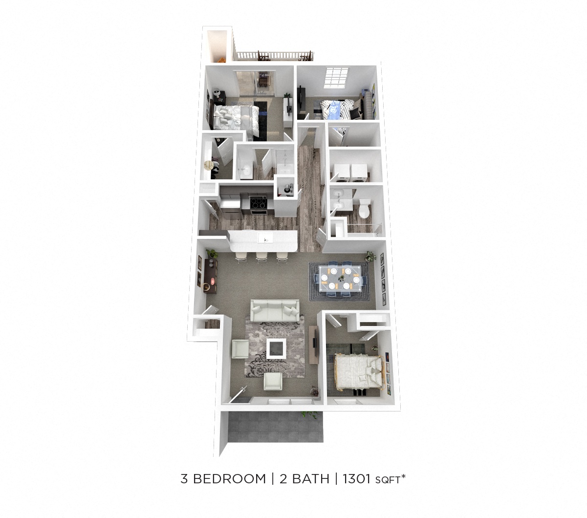 Three Bedroom 2 Bath - 1,301 sqft floor plan
