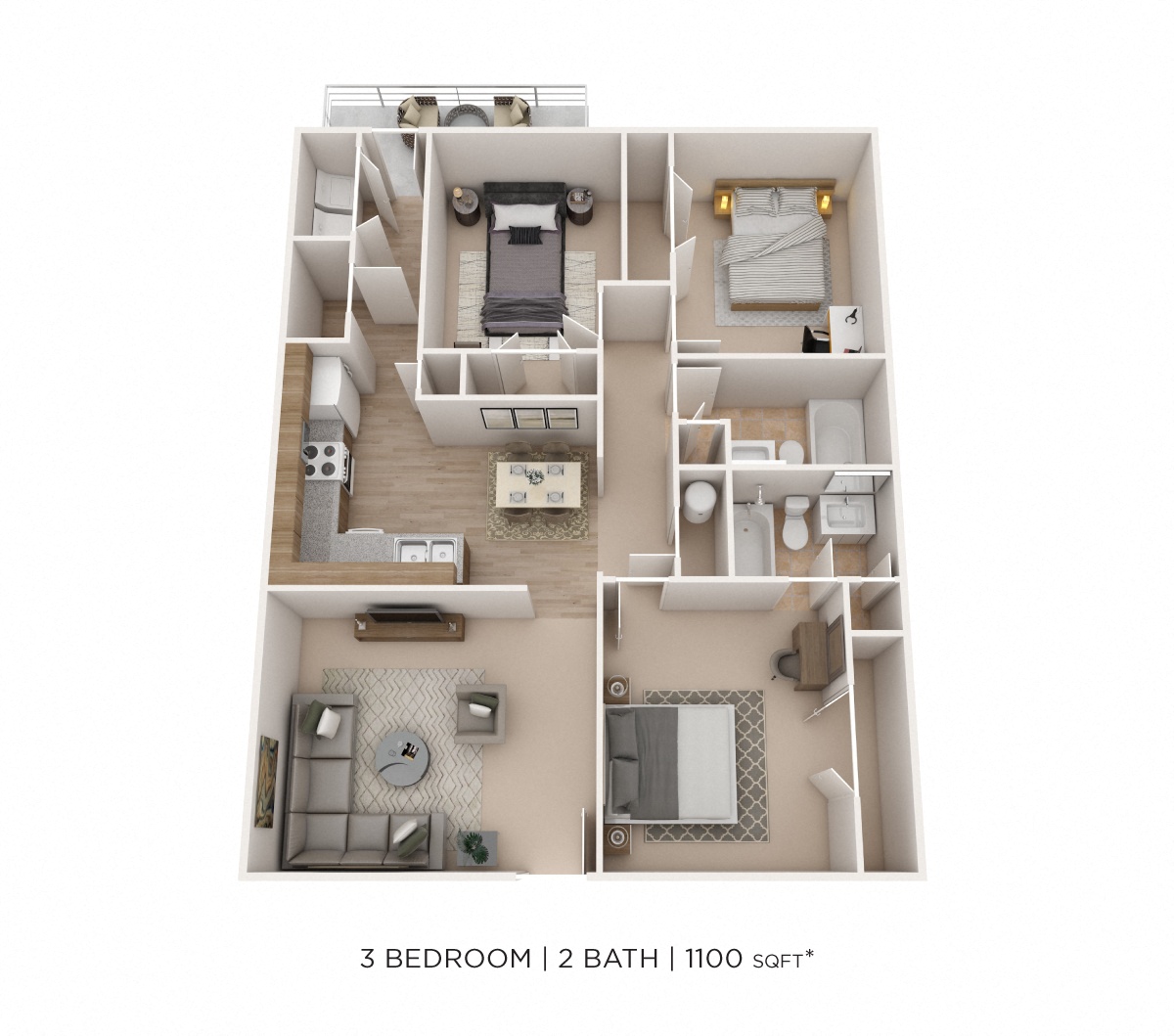 Three Bedroom 2 Bath- Alexander Station 1100 sqft floor plan