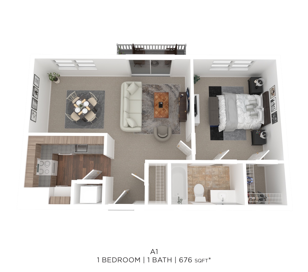 One Bed One Bath 676 Sqft floor plan