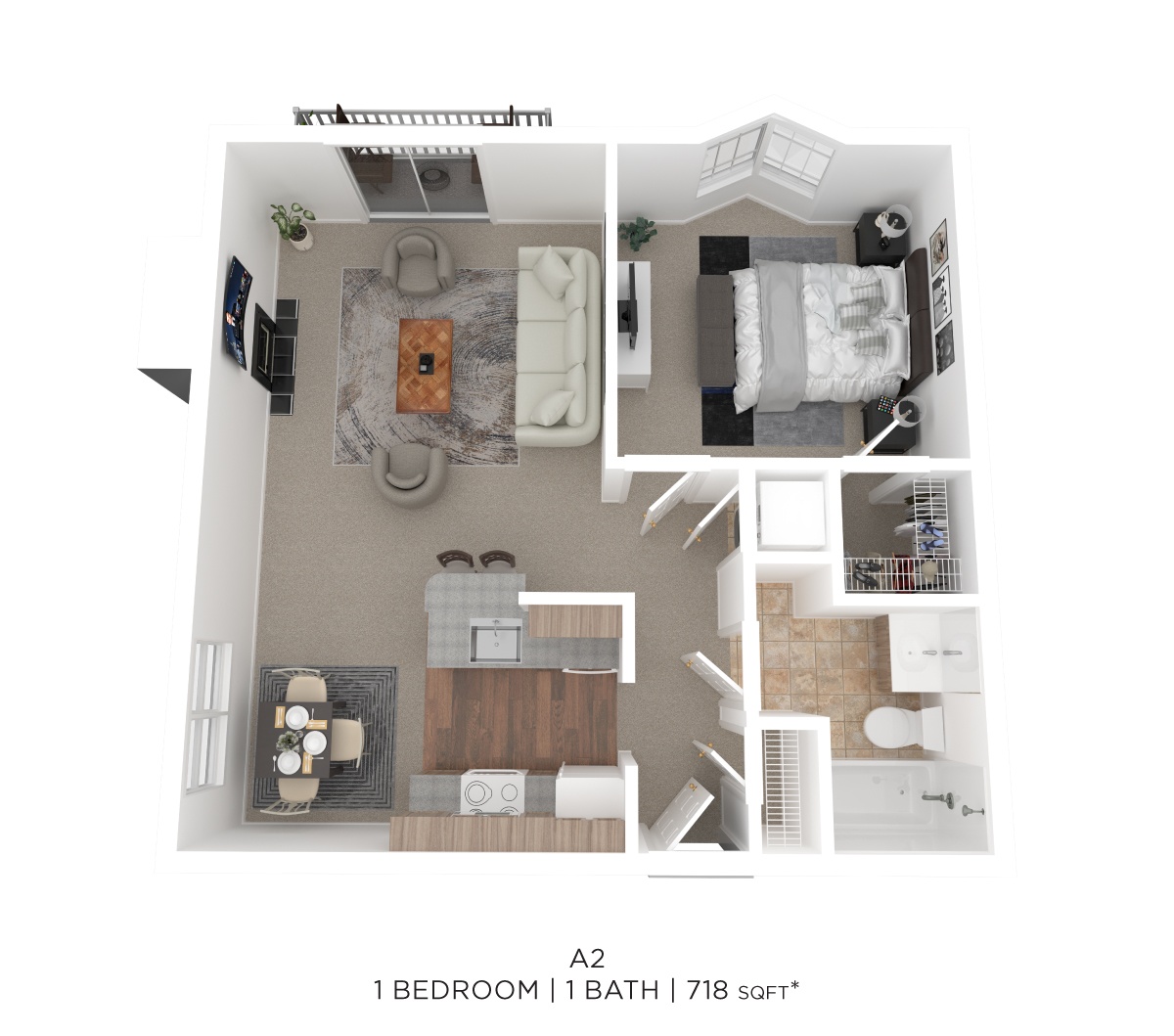 One Bed One Bath 718 Sqft floor plan