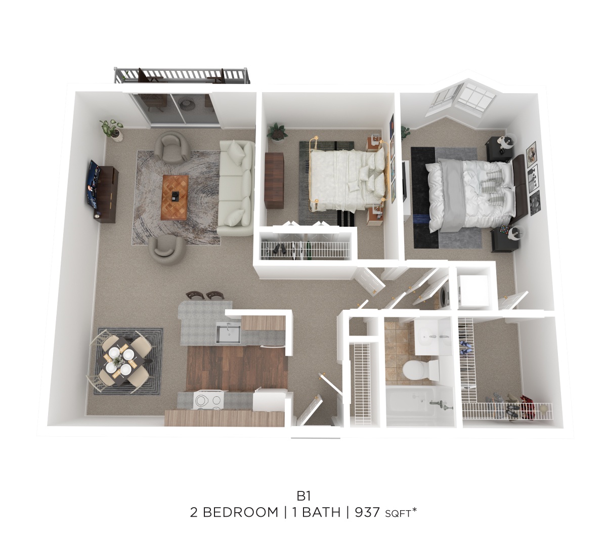 Two Bed One Bath 937 Sqft floor plan