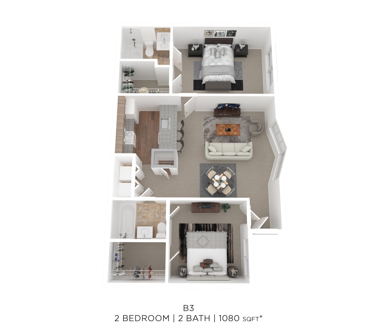 Two Bed Two Bath 1080 Sqft floor plan