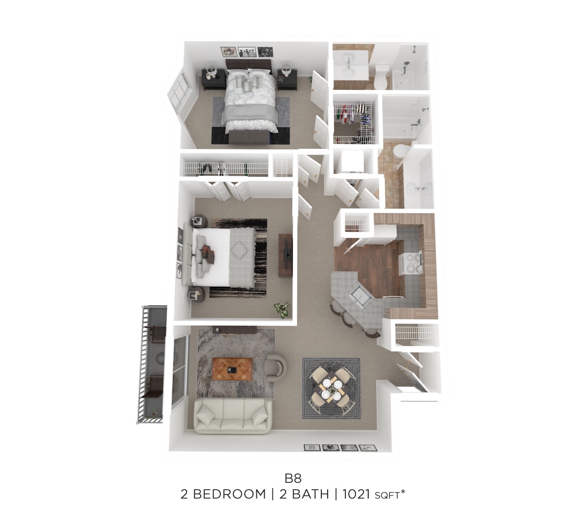 Two Bed Two Bath 1021 Sqft floor plan