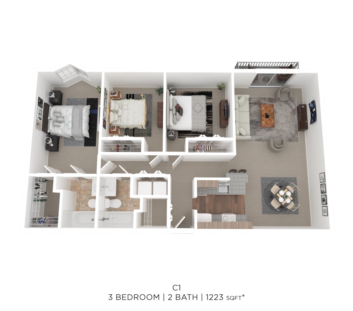 Three Bed Two Bath 1223 Sqft floor plan