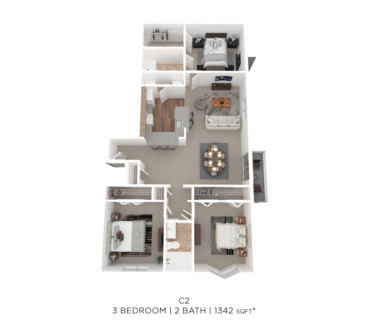 Three Bed Two Bath 1342 Sqft floor plan