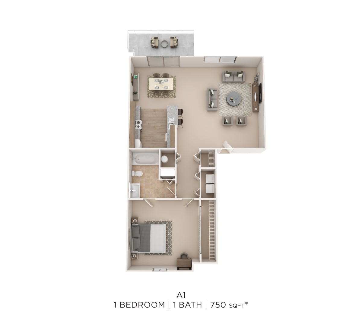 One Bed One Bath 750 Sqft floor plan