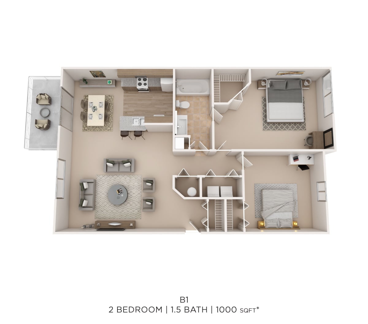 Two Bed 1.5 Bath 1000 Sqft floor plan
