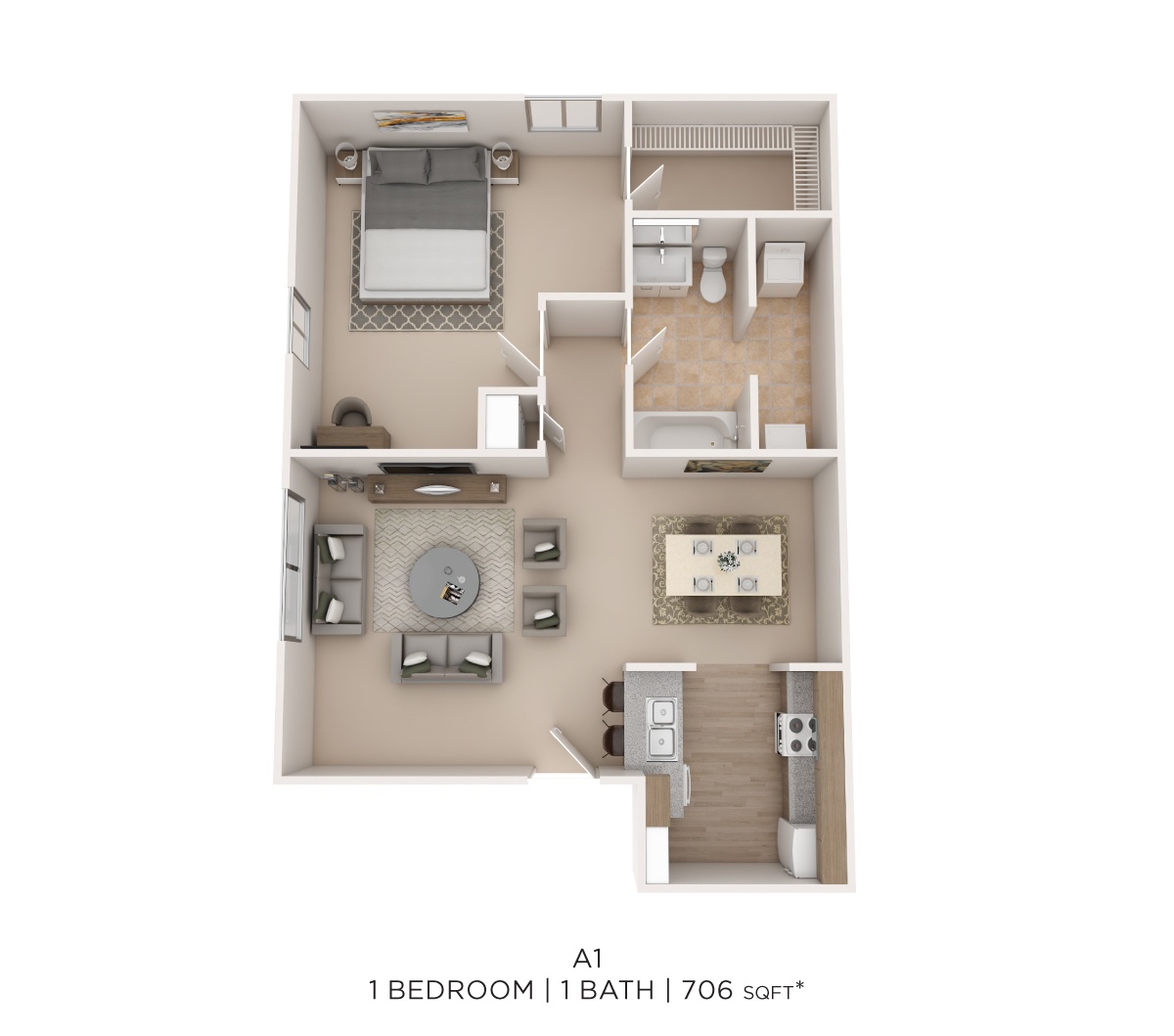 One Bed One Bath 706 Sqft floor plan