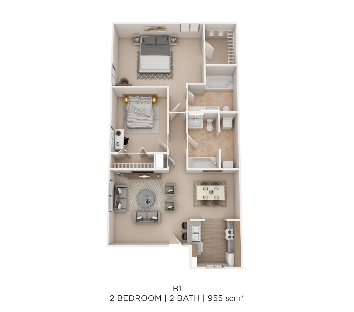 Two Bed Two Bath 955 Sqft floor plan