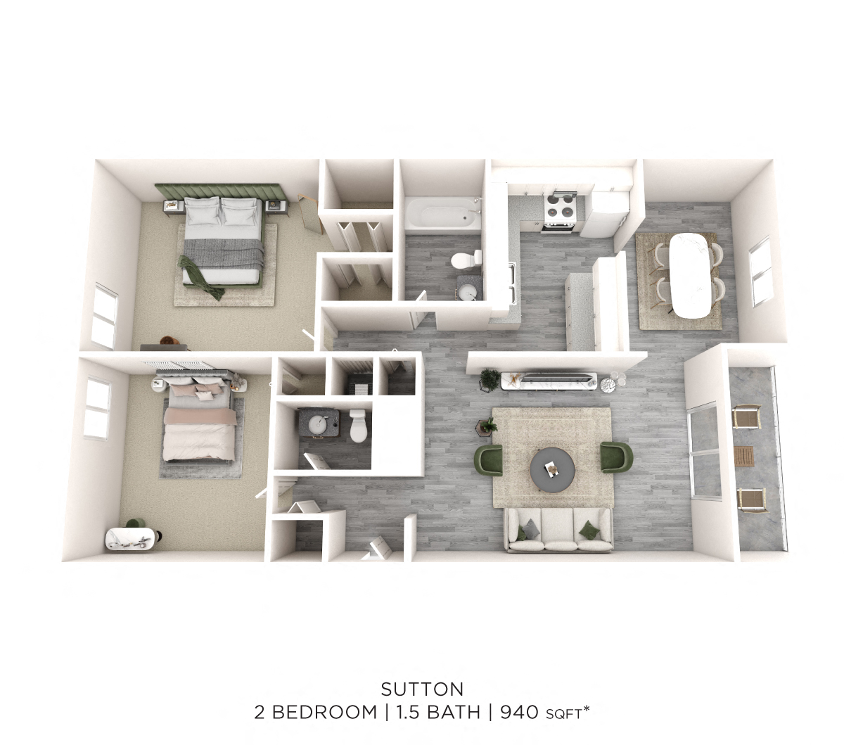 Two Bedroom 1.5 Bath - 940 sqft floor plan
