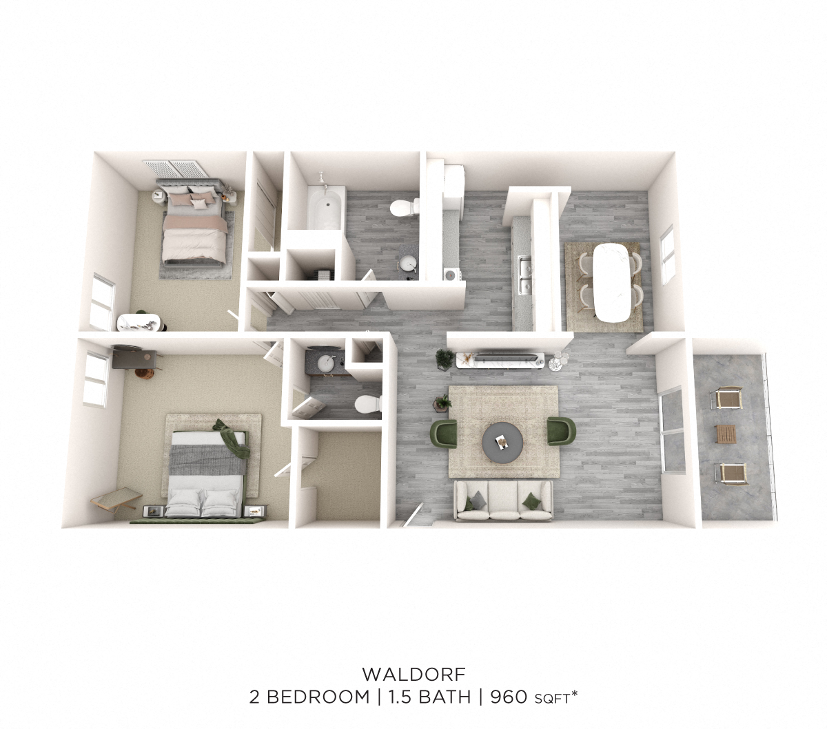 Two Bedroom 1.5 Bath - 960 sqft floor plan