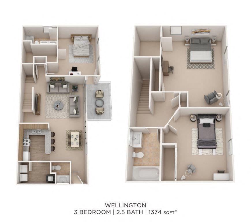 Three Bedroom 2.5 Bath Townhome floor plan