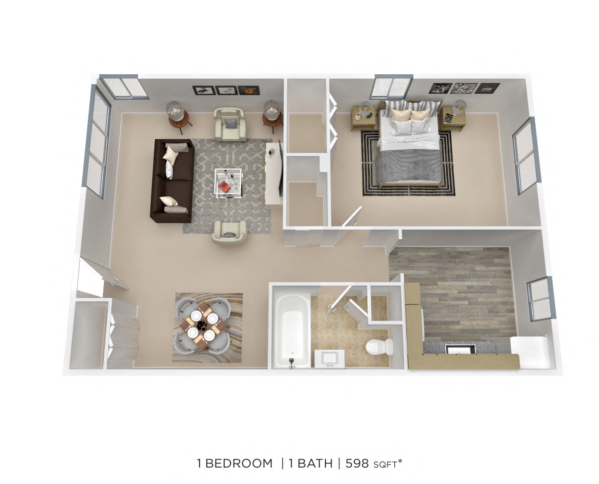 One Bedroom - 598 sqft floor plan