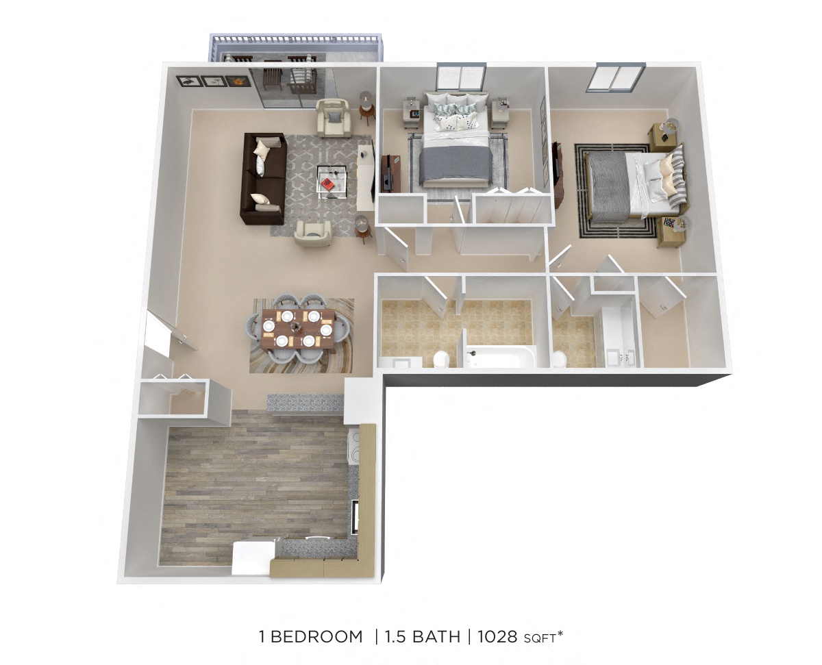 Two Bedroom 1.5 Bath - 1,028 sqft floor plan