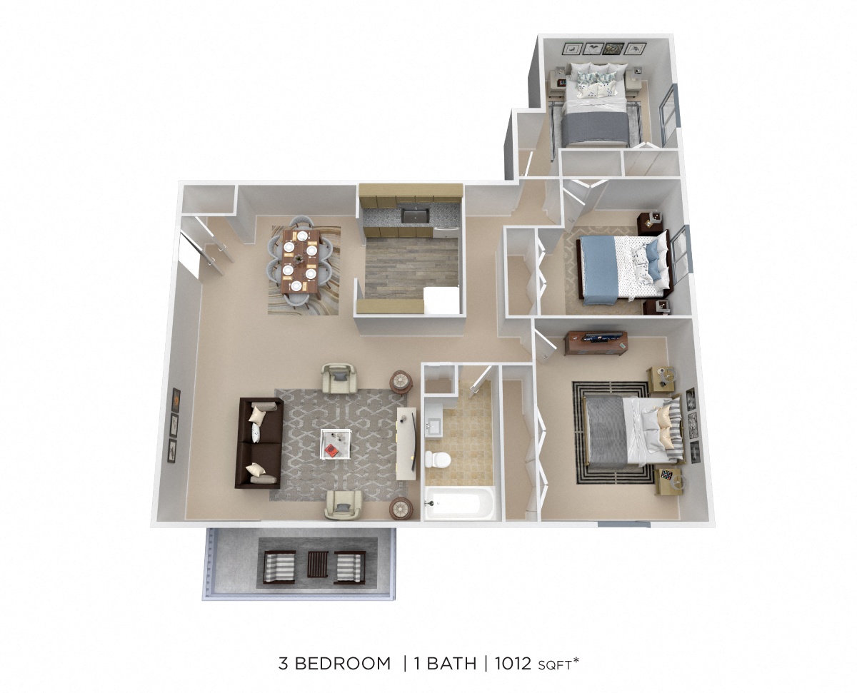 Three Bedroom - 1,012 sqft floor plan