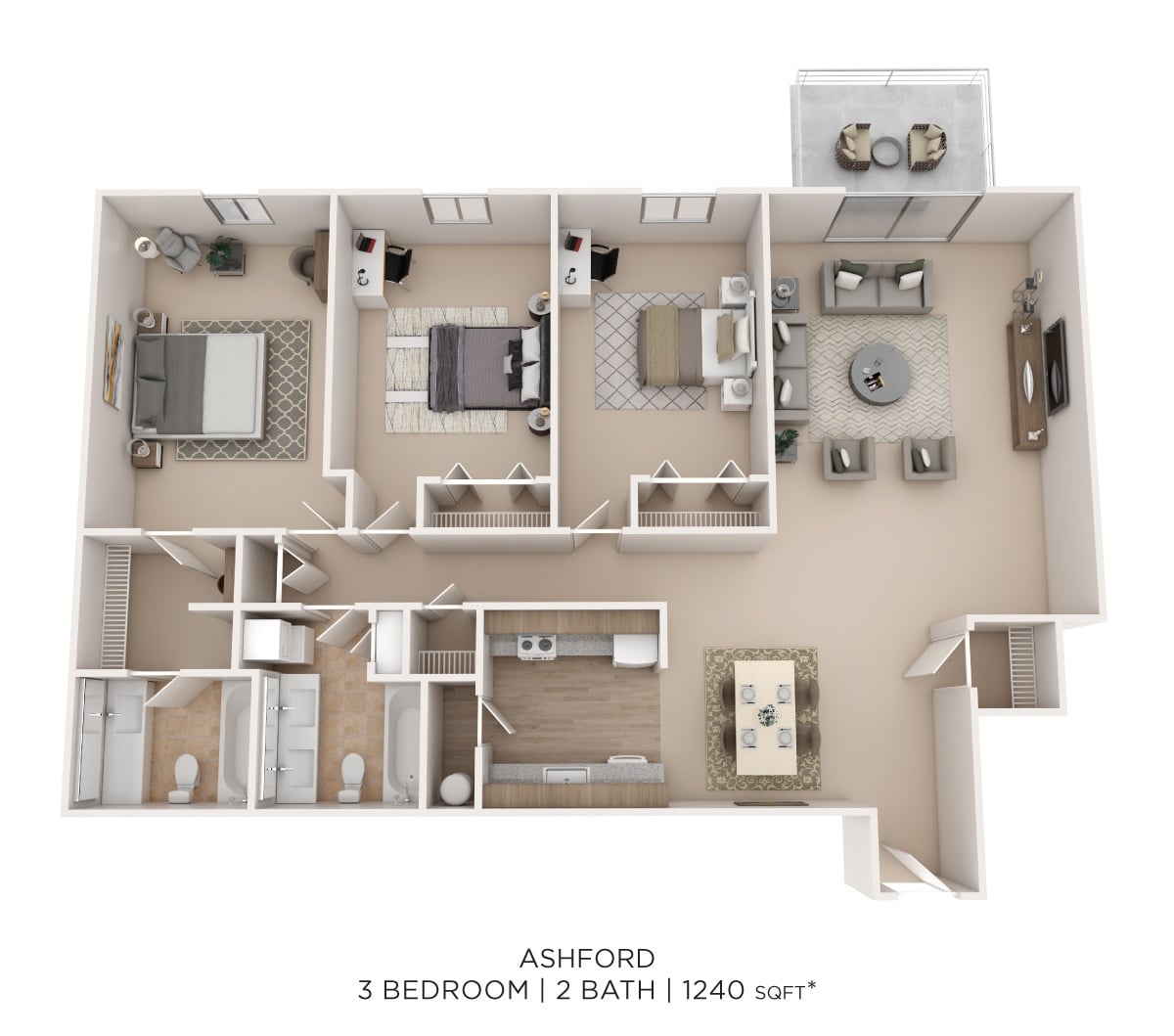 Ashford 3Bed 2Bath 1240sqft floor plan