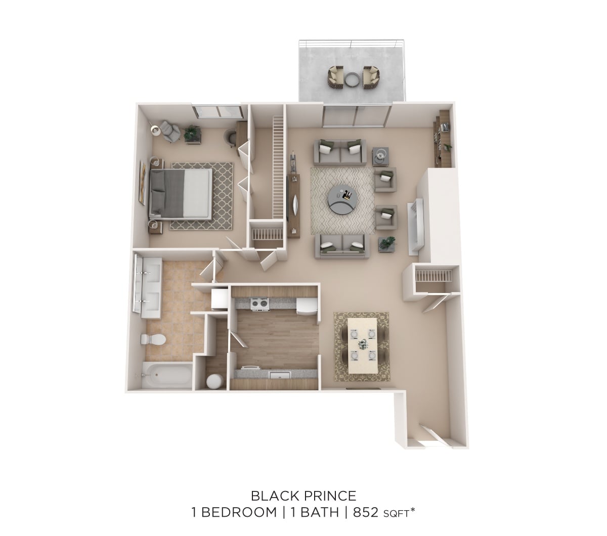 Black Prince 1Bed 1Bath 852sqft floor plan