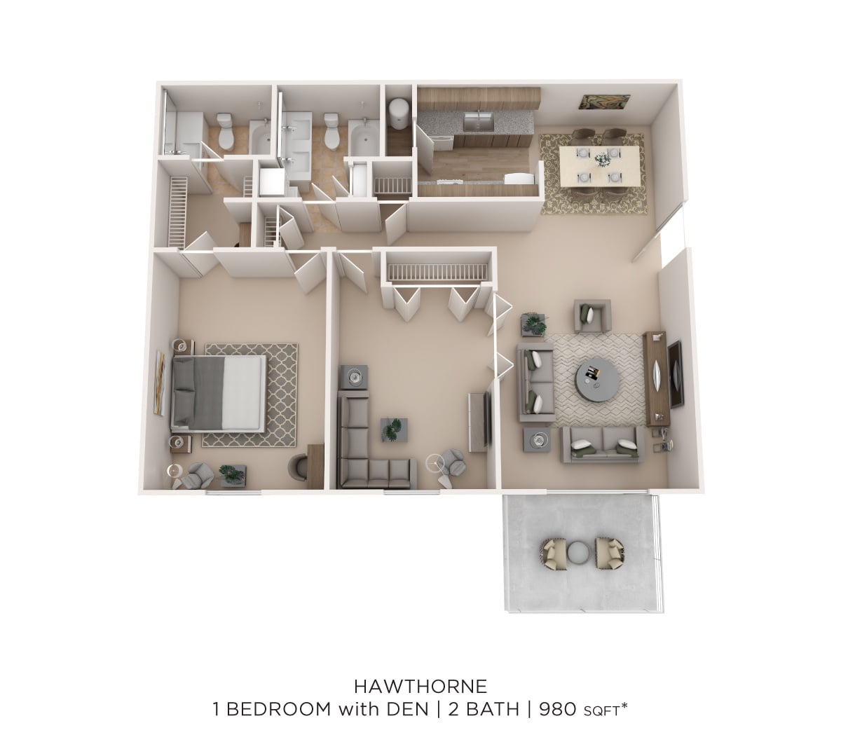 Hawthorne 1Bed 2Bath W/Den 980sqft floor plan