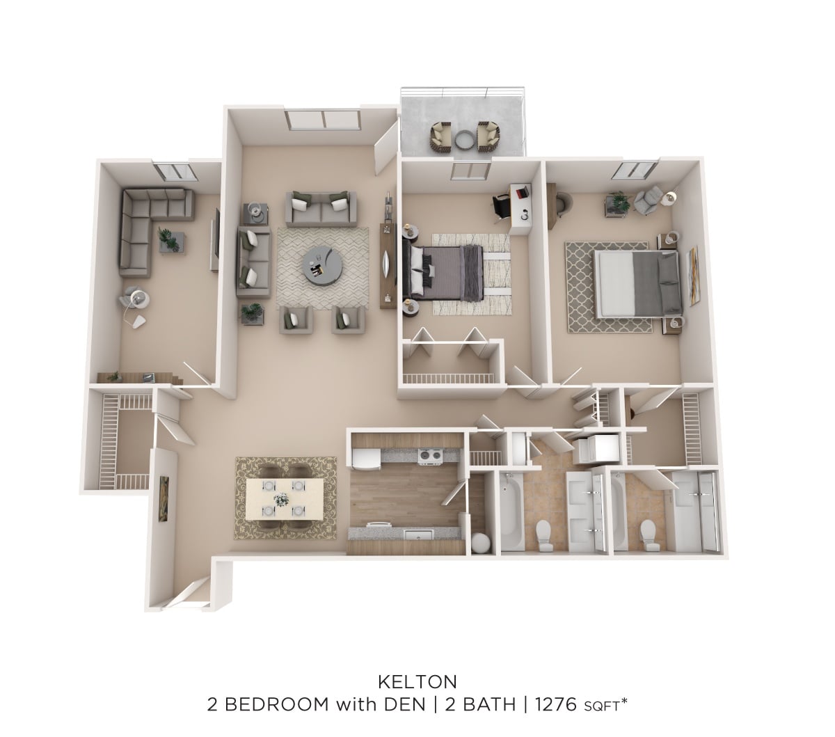 Kelton 2Bed 2Bath W/Den 1276sqft floor plan